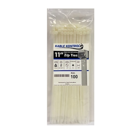 Kable Kontrol Nylon Cable Zip Ties - 11” Inch - Natural Clear - 50 Lbs Tensile Strength - 100 Pack CT262